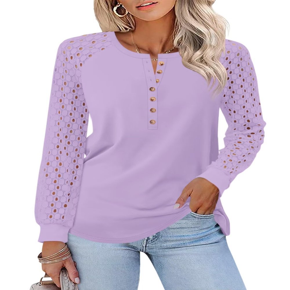 TICTICMISS Women's Lace Long Sleeve Shirts Henley Crewneck Tops Business Casual Fall Blouses Purple