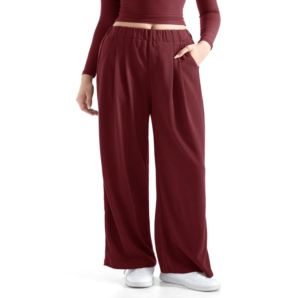 SUUKSESS Women Wide Leg Pants Elastic High Waisted Work Pants Flowy Palazzo Trouser Pants (Red Wine, S)