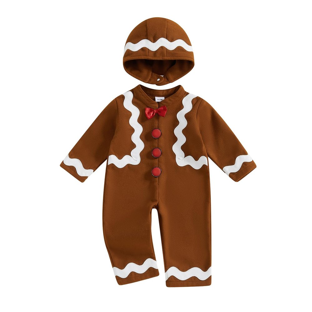 Adobabirl Baby Gingerbread Costume - Boy Girl Christmas Outfit Romper Jumpsuit Footies with Hat - Cute Cosplay Gingerbread Man Outfit (Khaki, 2-3T)