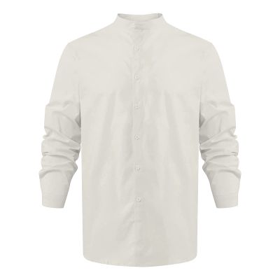 Men's Cotton Linen Long Sleeve Shirts Casual Button Down Banded Collar Yoga Shirt Dress Shirts Beach Tops (5X-Large,White)