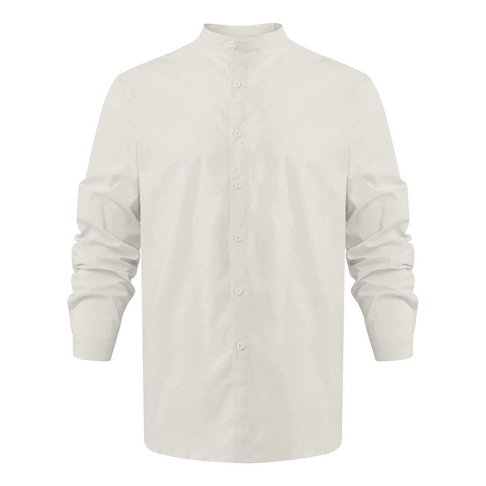 Men's Cotton Linen Long Sleeve Shirts Casual Button Down Banded Collar Yoga Shirt Dress Shirts Beach Tops (5X-Large,White)