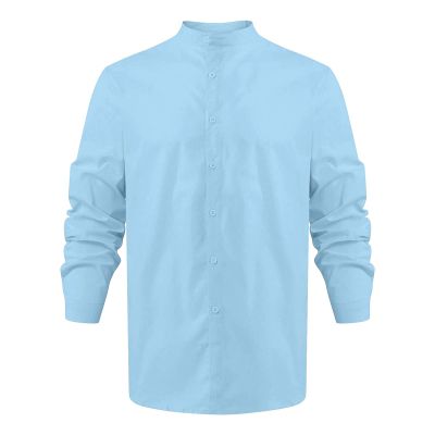 Men's Cotton Linen Long Sleeve Shirts Casual Button Down Banded Collar Yoga Shirt Dress Shirts Beach Tops (5X-Large,Light Blue)
