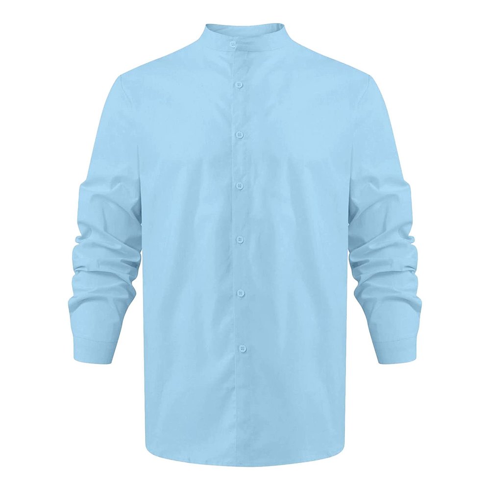Men's Cotton Linen Long Sleeve Shirts Casual Button Down Banded Collar Yoga Shirt Dress Shirts Beach Tops (5X-Large,Light Blue)