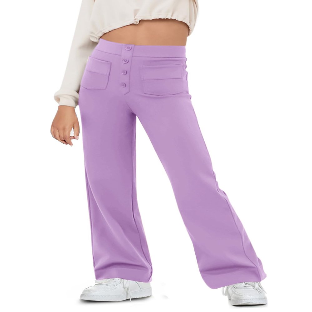Haloumoning Girl's Flare Pants Kids High Waisted Button Multiple Pockets Yoga Bootcut Pants Full Length Bell Bottoms Purple