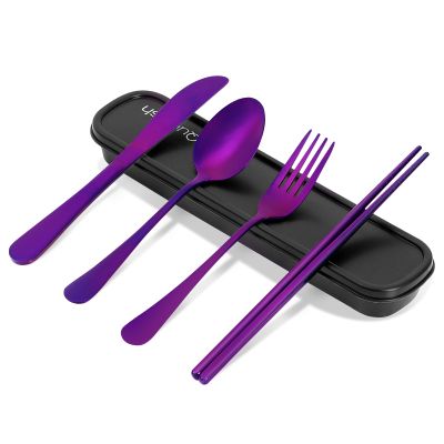 Travel Utensils with Case, Quatish 5 Piece Stainless Steel Silverware Set for Work, Portable Reusable Travel Cutlery Set, Fork and Spoon Set for Picnic, Camping, Gadgets, Lunch Box for Men, Purple