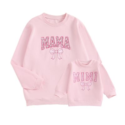 ZAXARRA Mommy and Me Matching Outfits Long Sleeve Crewneck Pullover Tops Mama Sweatshirt Mama and Mini Clothes (Pink,Baby,2-3T)