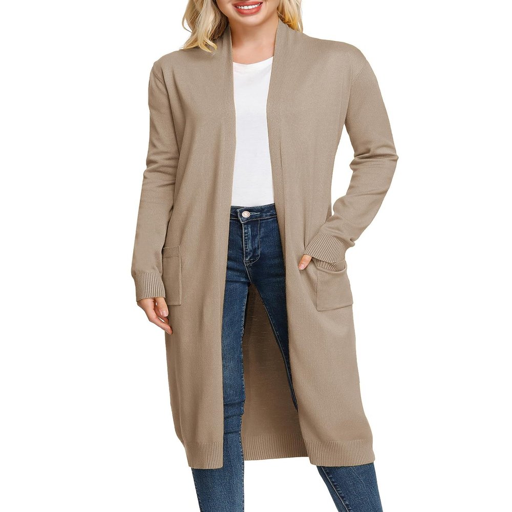 GRACE KARIN Essential Solid Open Front Maxi Long Knitted Cardigan Sweater for Women Apricot
