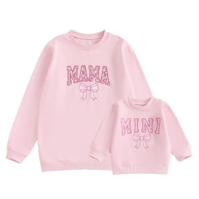 Winioder Mommy and Me Matching Outfits Cute Bow Mama and Mini Long Sleeve Crewneck Sweatshirt Tops Mother Baby Matching Clothes (Women, L, Pink)