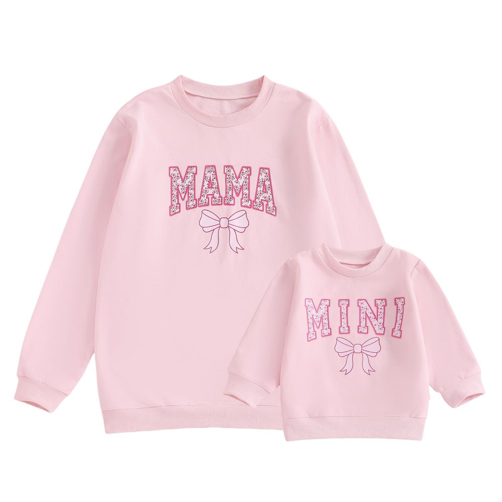 Winioder Mommy and Me Matching Outfits Cute Bow Mama and Mini Long Sleeve Crewneck Sweatshirt Tops Mother Baby Matching Clothes (Women, L, Pink)