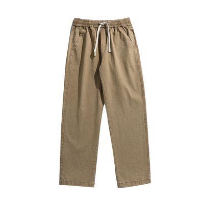 DGHM-JLMY Men's Straight Wide-Leg Casual Jeans Regular Fit Loose Pocket Decoration Jeans Elastic Waist Denim Pants (Khaki,Medium)