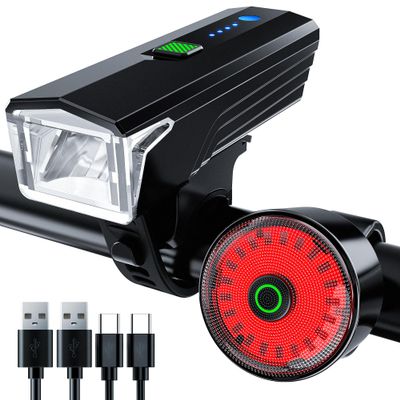 2025 Anti-Glare Front Rear Sensor 3000 Bike Lights, 5+6 Kind Warning Modes Bicycle Light and Tail Light Set, Long Time Waterproof Bike Accessories for Night Riding City Streets Mountain, Black