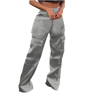 Akklian Satin Cargo Pants for Women, Womens Fashion High Waisted Wide Leg Hip Hop Streetwear Casual Pants with Multi-Pockets