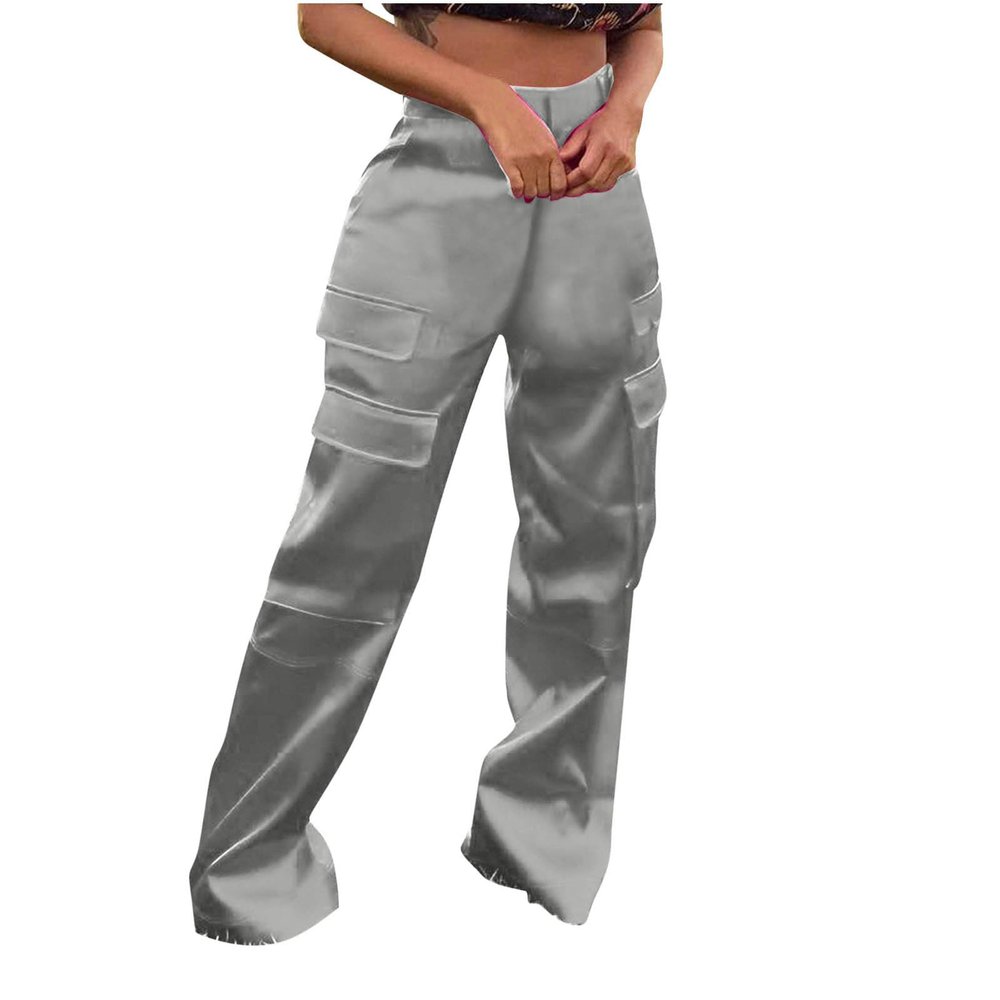 Akklian Satin Cargo Pants for Women, Womens Fashion High Waisted Wide Leg Hip Hop Streetwear Casual Pants with Multi-Pockets