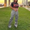 Akklian Satin Cargo Pants for Women, Womens Fashion High Waisted Wide Leg Hip Hop Streetwear Casual Pants with Multi-Pockets view 2