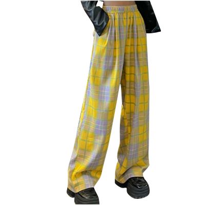 Plaid Sweatpants Baggy Elastic High Waisted Wide Leg Pants Cute Teen Girl Y2k Street Slacks with Pocket Yellow