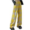 Plaid Sweatpants Baggy Elastic High Waisted Wide Leg Pants Cute Teen Girl Y2k Street Slacks with Pocket Yellow view 1