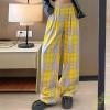 Plaid Sweatpants Baggy Elastic High Waisted Wide Leg Pants Cute Teen Girl Y2k Street Slacks with Pocket Yellow view 2
