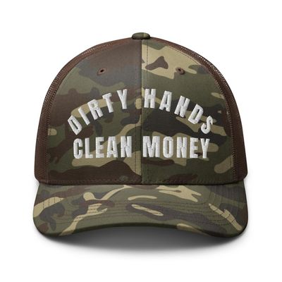 RIVEMUG NG Camo Dirty Hands Clean Money Embroidered Curved Bill Camouflage Trucker Hat Low Crown Adjustable Cap