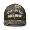 RIVEMUG NG Camo Dirty Hands Clean Money Embroidered Curved Bill Camouflage Trucker Hat Low Crown Adjustable Cap view 1