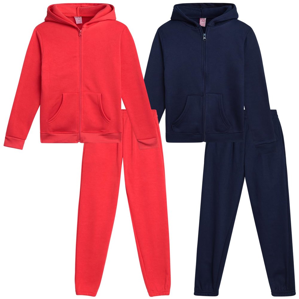 Real Love Girls Sweat Suit Set - 4 Piece Soft Fleece Zip Up Hoodie and Athletic Jogger Sweatpants for Girls (Sizes: 7-16), Size 10-12, Navy/Coral