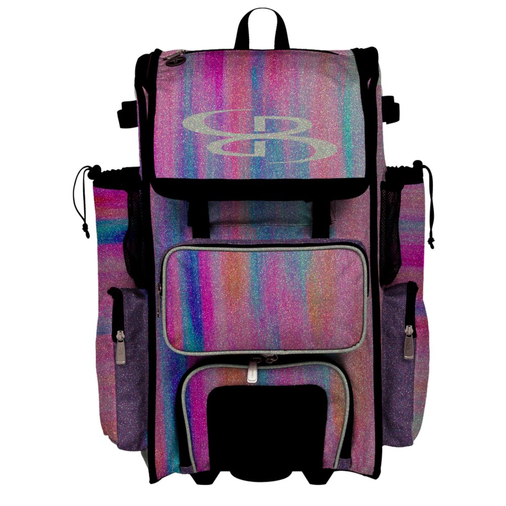 Boombah Rolling Superpack Baseball/Softball Gear Bag - Telescopic Handle - Holds 4 Bats - Wheeled Version - Cascade Glitter Amethyst/Orchid/Violet/Magenta