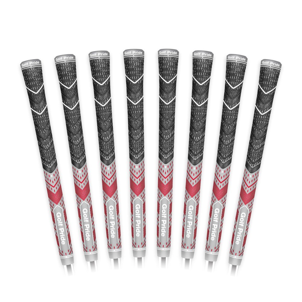 Golf Pride MCC Plus4 Golf Club Grip - All-Weather Hybrid Grip with Larger Lower Hand - Brushed Cotton Cord & Pebbled Texture - Midsize - Grey/Red - 8 Pack