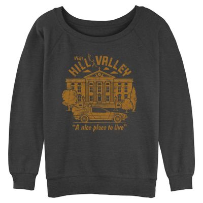 Back to the Future Women's Visit Hill Valley Junior's Raglan Pullover with Coverstitch, Charcoal Heather