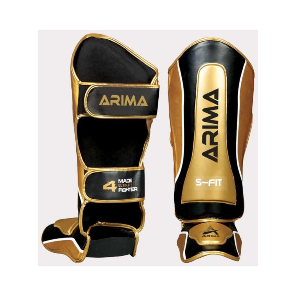 Martial Arts Shin Guards for Kickboxing, Muay Thai, MMA, and Sparring - Durable PU Leather with High-Density Padding - Adjustable Straps for Men, Women, Youth, Gold, L/XL