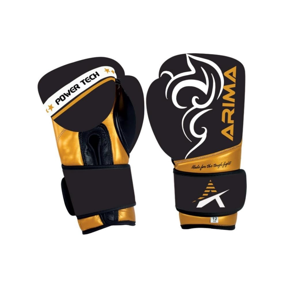 Arima Powertech Leather Boxing Gloves - Real Cowhide & PU Blend, Medium Density Foam Padding - Ideal for Professional Training - Black, 12 oz.