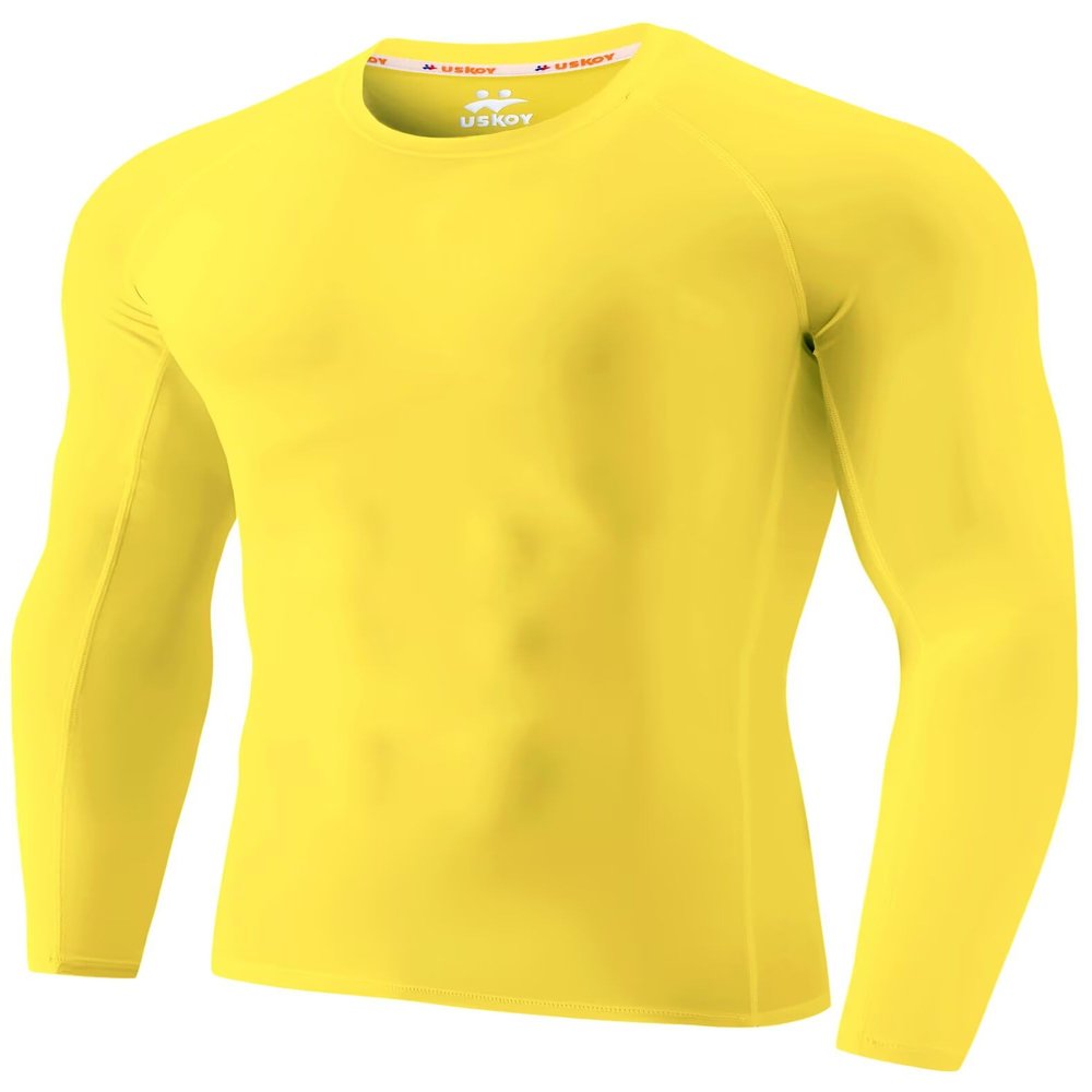 USKOY Men's Rash Guard Long Sleeve UPF 50+ Sun Protection Quick Dry Swim Shirt with Compression Fit for BJJ, Surfing & Gym Training Yellow Medium