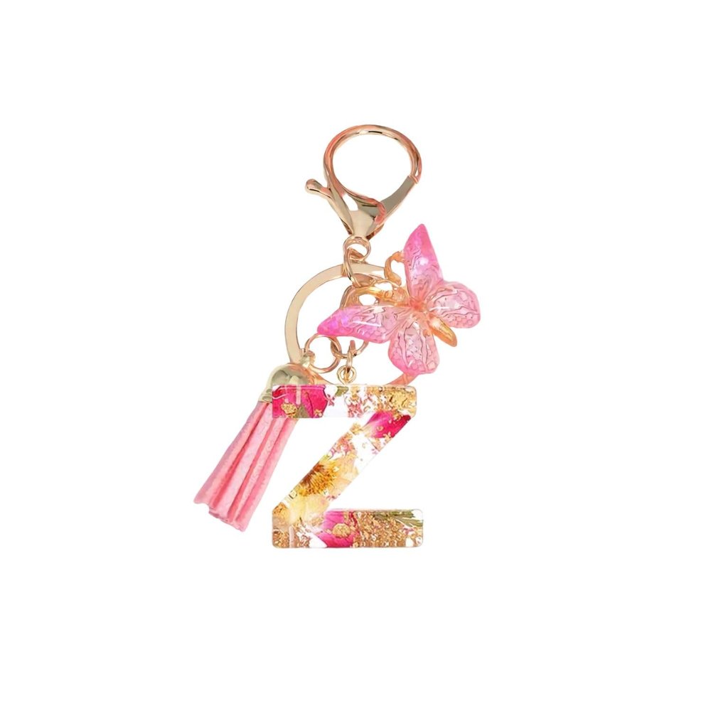 Initial Letter Keychains Pink Flower Butterfly Keychain Birthday Gifts for Women Bling Keychain For Backpack Wallet(Z)