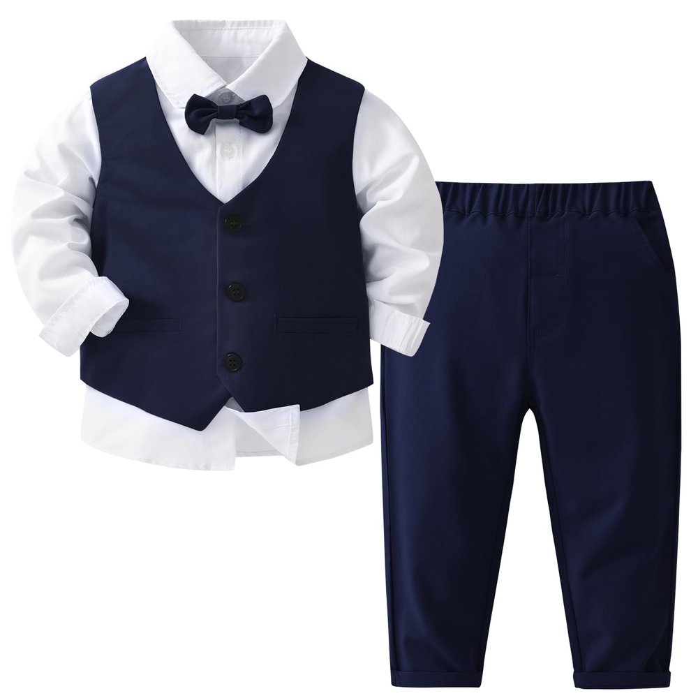 Billion Xin Baby Boys Gentleman Suits 4 PCS Kids Formal Wedding Tuxedo Outfits Long Sleeve Shirt with Bow Tie+Vest+Pants Set White and Black