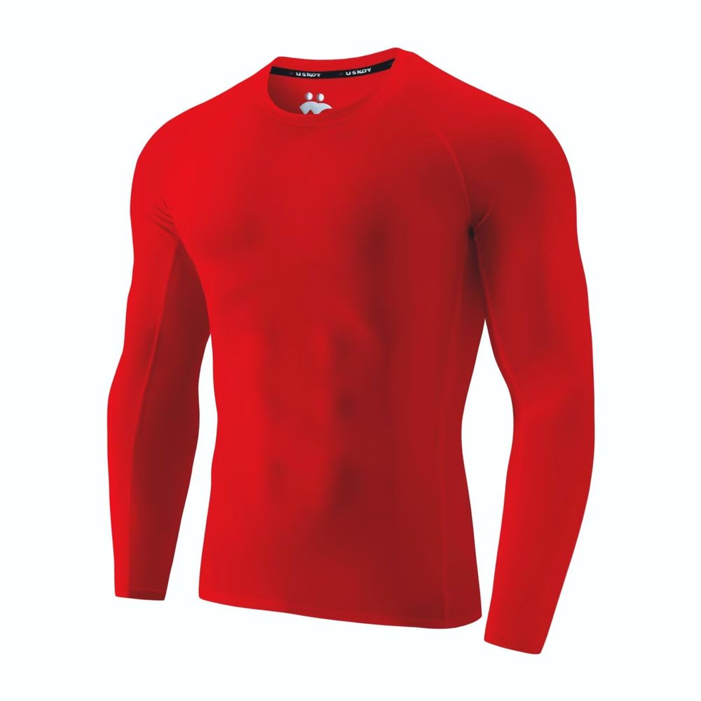 USKOY Men's Rash Guard Long Sleeve UPF 50+ Sun Protection Quick Dry Swim Shirt with Compression Fit for BJJ, Surfing & Gym Training Red Medium