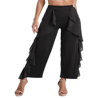 JIZYO Women's Latin Dance Pants Ruffle Draped Trousers for Ballroom Rumba Chacha Tango Salsa Dance Practice Pants Black X-Large