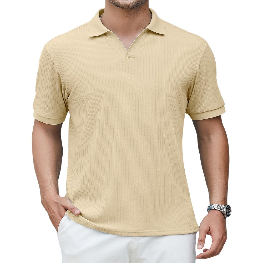 Alex Vando Men's Knit Polo Shirts V Neck Casual Short Sleeve Regular Fit Jacquard Golf Polo Shirts for Men,Khaki,M