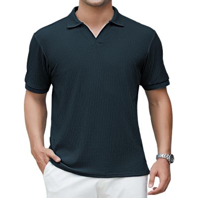 Alex Vando Men's Knit Polo Shirts V Neck Casual Short Sleeve Regular Fit Jacquard Golf Polo Shirts for Men,Navy,S