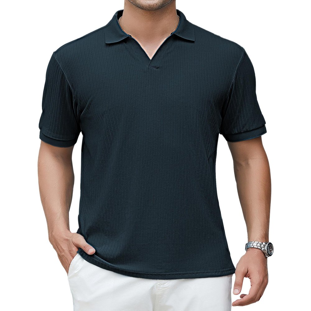 Alex Vando Men's Knit Polo Shirts V Neck Casual Short Sleeve Regular Fit Jacquard Golf Polo Shirts for Men,Navy,S