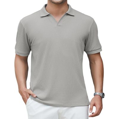 Alex Vando Men's Knit Polo Shirts V Neck Casual Short Sleeve Regular Fit Jacquard Golf Polo Shirts for Men,Grey,XXL