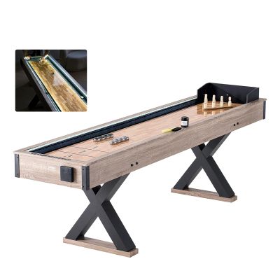 VEVOR Shuffleboard Table, 9 ft LED Light Up Shuffleboard for Family Game Room, 2 in 1 Shuffleboard and Bowling Combo Game Set, with Scratch-Resistant Playfield, Legs, 8 Pucks, Bowling Set, Wax, Brush