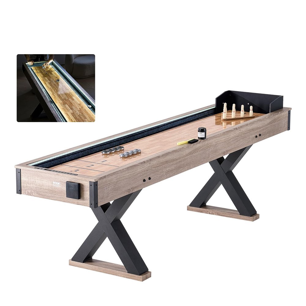 VEVOR Shuffleboard Table, 9 ft LED Light Up Shuffleboard for Family Game Room, 2 in 1 Shuffleboard and Bowling Combo Game Set, with Scratch-Resistant Playfield, Legs, 8 Pucks, Bowling Set, Wax, Brush