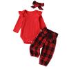 Kaipiclos Newborn Infant Girl Clothes Rib Knit Romper Daisy Print Pants Headband Baby Clothes for Girls 0 3 6 12 18 24 Months (Red Black Plaid-Red, 3-6 Months)