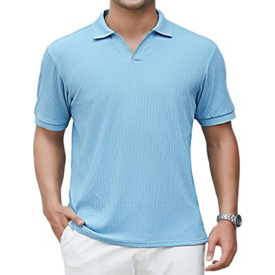 Alex Vando Men's Knit Polo Shirts V Neck Casual Short Sleeve Regular Fit Jacquard Golf Polo Shirts for Men,Blue,S