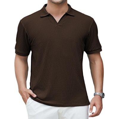 Alex Vando Men's Knit Polo Shirts V Neck Casual Short Sleeve Regular Fit Jacquard Golf Polo Shirts for Men,Brown,L