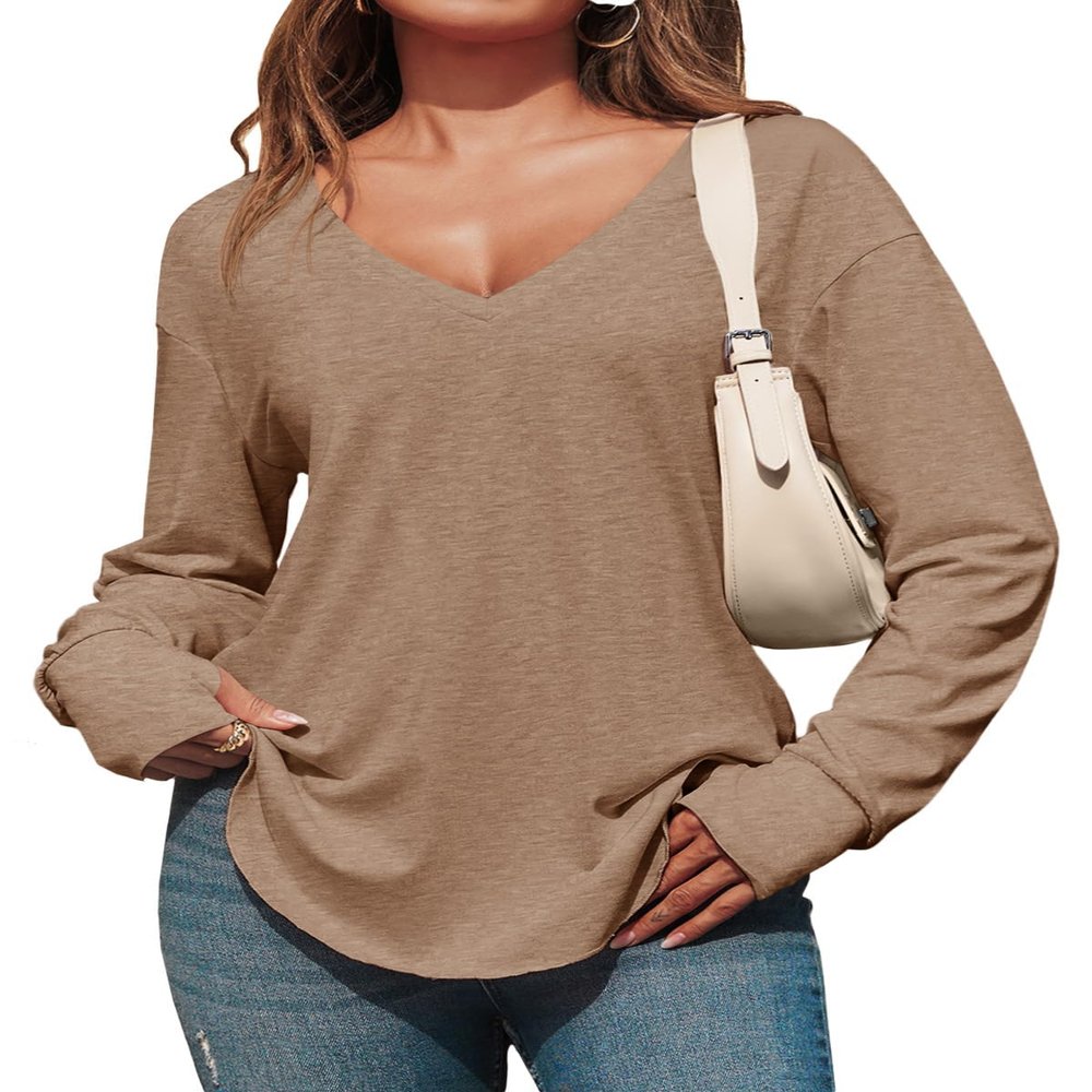 Tankaneo Womens Deep V Neck Tunic Tops Long Sleeve Oversized Casual Loose Fit Curved Hem T Shirts Coffee