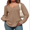 Tankaneo Womens Deep V Neck Tunic Tops Long Sleeve Oversized Casual Loose Fit Curved Hem T Shirts Coffee view 1