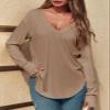 Tankaneo Womens Deep V Neck Tunic Tops Long Sleeve Oversized Casual Loose Fit Curved Hem T Shirts Coffee view 2