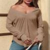 Tankaneo Womens Deep V Neck Tunic Tops Long Sleeve Oversized Casual Loose Fit Curved Hem T Shirts Coffee view 3