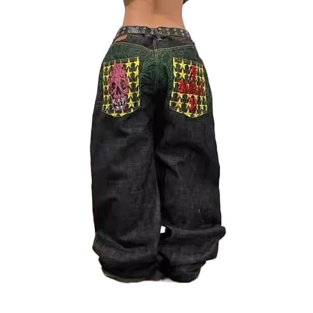 Unisex Y2K Hip Hop Street Jeans Skeleton Printed Gothic Baggy Jeans Vintage High Waist Denim Jeans Wide Leg Pants (Black,S,Small)