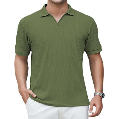 Alex Vando Men's Knit Polo Shirts V Neck Casual Short Sleeve Regular Fit Jacquard Golf Polo Shirts for Men,Army,XXL