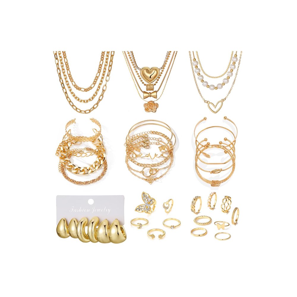 VKME 43 PCS Gold Jewelry Set for Women, Delicate Teardrop Hoop Earrings, Elegant Knuckle Rings, Adjustable Bracelets and Necklaces, Perfect Fashion Anniversary Birthday Jewelry Gift Packs